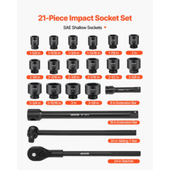 VEVOR 1 in Drive Impact Socket Set, 21 Piece, 6 Point Shallow Impact Sockets, SAE (1-5/8 in to 3-1/8 in), with 8 in &