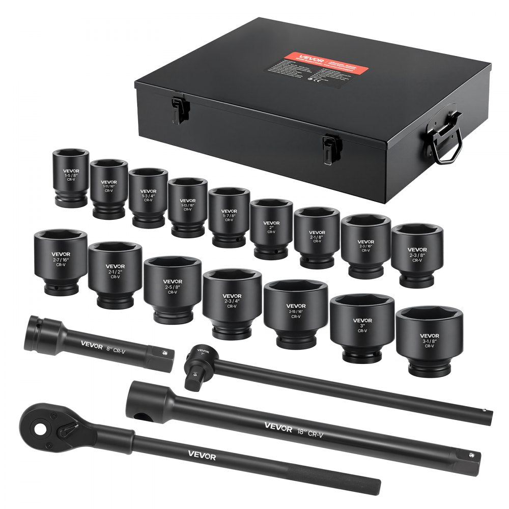 VEVOR 1 in Drive Impact Socket Set, 21 Piece, 6 Point Shallow Impact Sockets, SAE (1-5/8 in to 3-1/8 in), with 8 in &