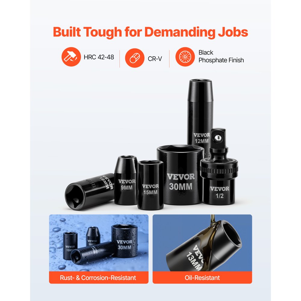 VEVOR 1/2 in Drive Impact Socket Set, 39 Piece, 6 Point Deep & Shallow Impact Sockets, Metric 9 to 30 mm, Cr-V Steel
