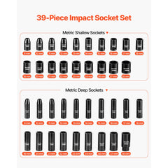 VEVOR 1/2 in Drive Impact Socket Set, 39 Piece, 6 Point Deep & Shallow Impact Sockets, Metric 9 to 30 mm, Cr-V Steel
