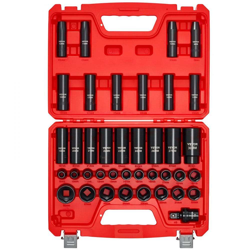 VEVOR 1/2 in Drive Impact Socket Set, 39 Piece, 6 Point Deep & Shallow Impact Sockets, Metric 9 to 30 mm, Cr-V Steel