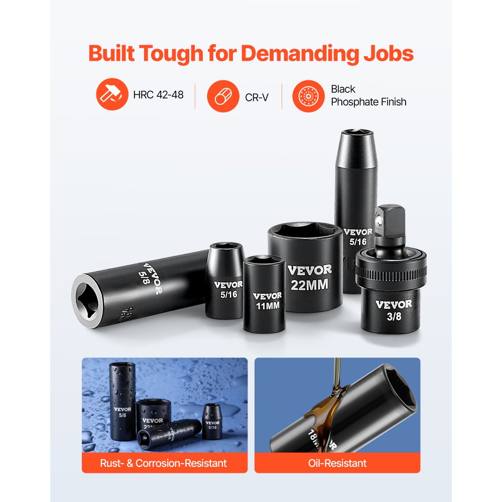 VEVOR 3/8 in Drive Impact Socket Set, 50 Piece, 6 Point Deep & Shallow Impact Sockets, SAE (5/16 in to 3/4 in) and