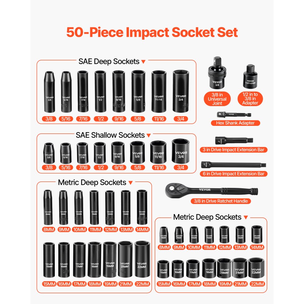 VEVOR 3/8 in Drive Impact Socket Set, 50 Piece, 6 Point Deep & Shallow Impact Sockets, SAE (5/16 in to 3/4 in) and