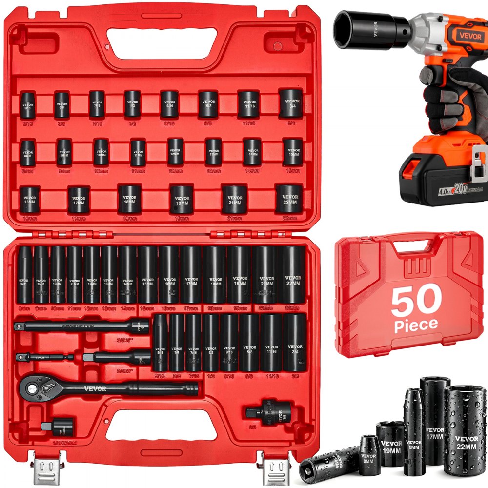VEVOR 3/8 in Drive Impact Socket Set, 50 Piece, 6 Point Deep & Shallow Impact Sockets, SAE (5/16 in to 3/4 in) and