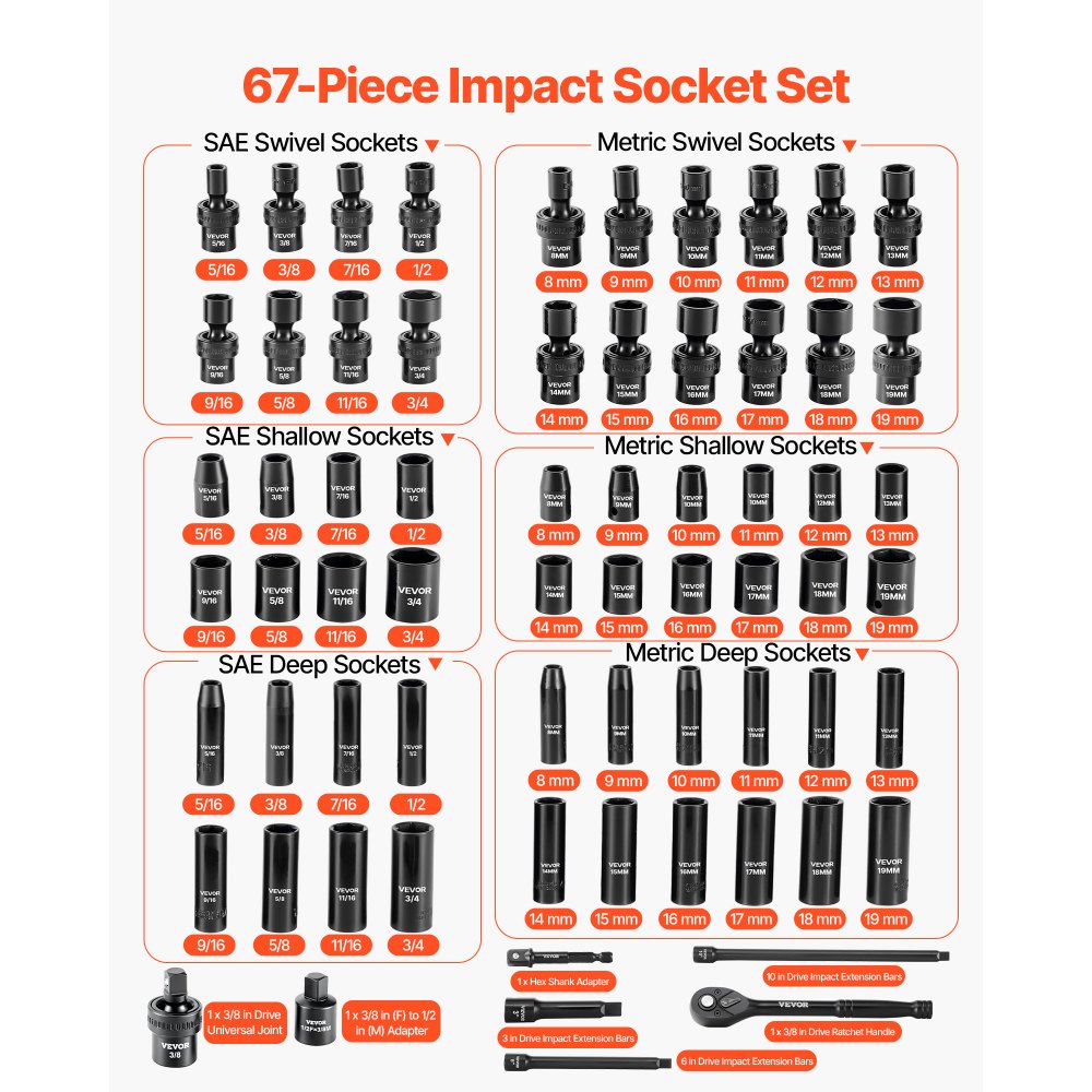 VEVOR 3/8 in Drive Impact Socket Set, 67 Piece, 6 Point Shallow & Deep Impact Sockets, SAE (5/16 in to 3/4 in) and
