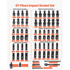 VEVOR 3/8 in Drive Impact Socket Set, 67 Piece, 6 Point Shallow & Deep Impact Sockets, SAE (5/16 in to 3/4 in) and
