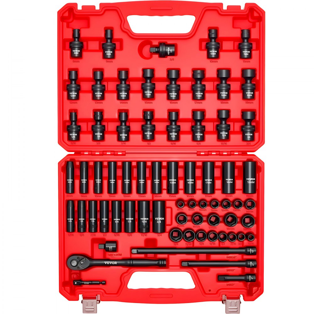 VEVOR 3/8 in Drive Impact Socket Set, 67 Piece, 6 Point Shallow & Deep Impact Sockets, SAE (5/16 in to 3/4 in) and