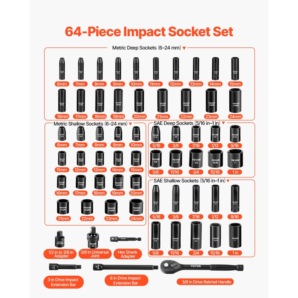 VEVOR 3/8 in Drive Impact Socket Set, 64 Piece, 6 Point Deep & Shallow Impact Sockets, SAE (5/16 in to 1 in) and Metric