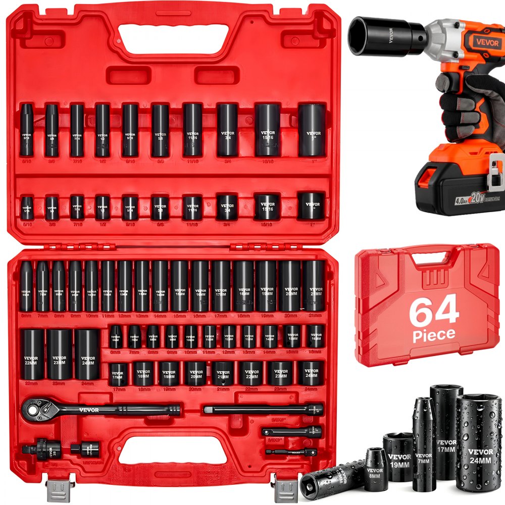 VEVOR 3/8 in Drive Impact Socket Set, 64 Piece, 6 Point Deep & Shallow Impact Sockets, SAE (5/16 in to 1 in) and Metric