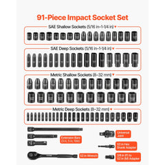 VEVOR 1/2 in Drive Impact Socket Set, 91 Piece, 6 Point Deep & Shallow Impact Sockets, SAE (5/16 to 1-1/4 in) and