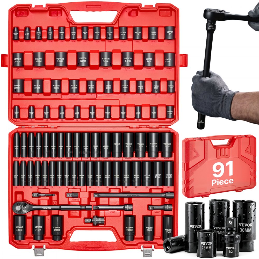 VEVOR 1/2 in Drive Impact Socket Set, 91 Piece, 6 Point Deep & Shallow Impact Sockets, SAE (5/16 to 1-1/4 in) and