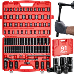 VEVOR 1/2 in Drive Impact Socket Set, 91 Piece, 6 Point Deep & Shallow Impact Sockets, SAE (5/16 to 1-1/4 in) and