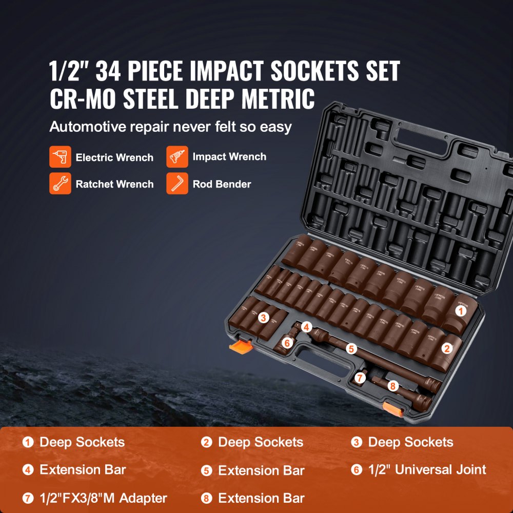 VEVOR 1/2" Drive Deep Impact Socket Set, 34pcs Socket Set Metric （8-36mm） 6 Point Cr-MO Alloy Steel for Auto Repair