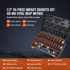 VEVOR 1/2" Drive Deep Impact Socket Set, 34pcs Socket Set Metric （8-36mm） 6 Point Cr-MO Alloy Steel for Auto Repair