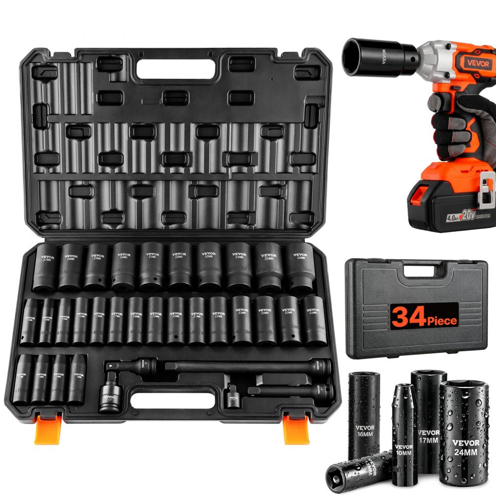 VEVOR 1/2" Drive Deep Impact Socket Set, 34pcs Socket Set Metric （8-36mm） 6 Point Cr-MO Alloy Steel for Auto Repair