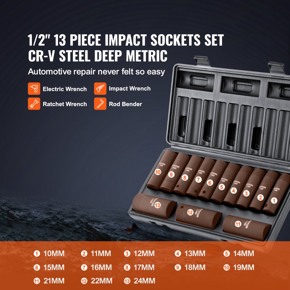 VEVOR 1/2" Drive Impact Socket Set, 13 Piece Deep Socket Set Metric 10-24mm, 6 Point CR-V Alloy Steel for Auto Repair