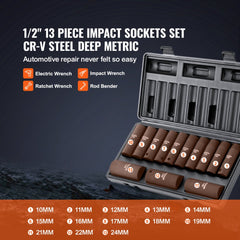 VEVOR 1/2" Drive Impact Socket Set, 13 Piece Deep Socket Set Metric 10-24mm, 6 Point CR-V Alloy Steel for Auto Repair