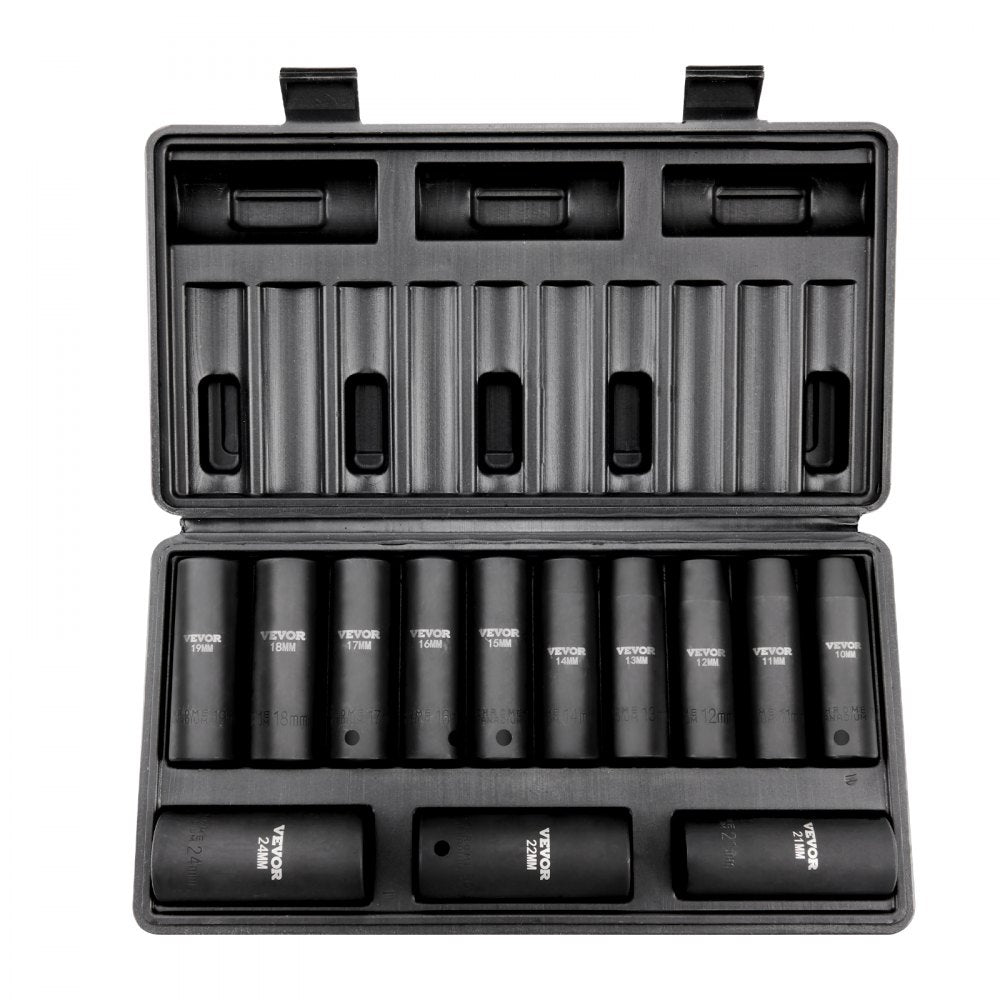 VEVOR 1/2" Drive Impact Socket Set, 13 Piece Deep Socket Set Metric 10-24mm, 6 Point CR-V Alloy Steel for Auto Repair