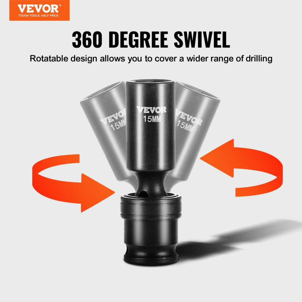 VEVOR 360 Degree Swivel Impact Socket Set, 3/8" Socket Set 14PCS Deep Universal Metric 10-19mm, 6 Point Cr-Mo Alloy