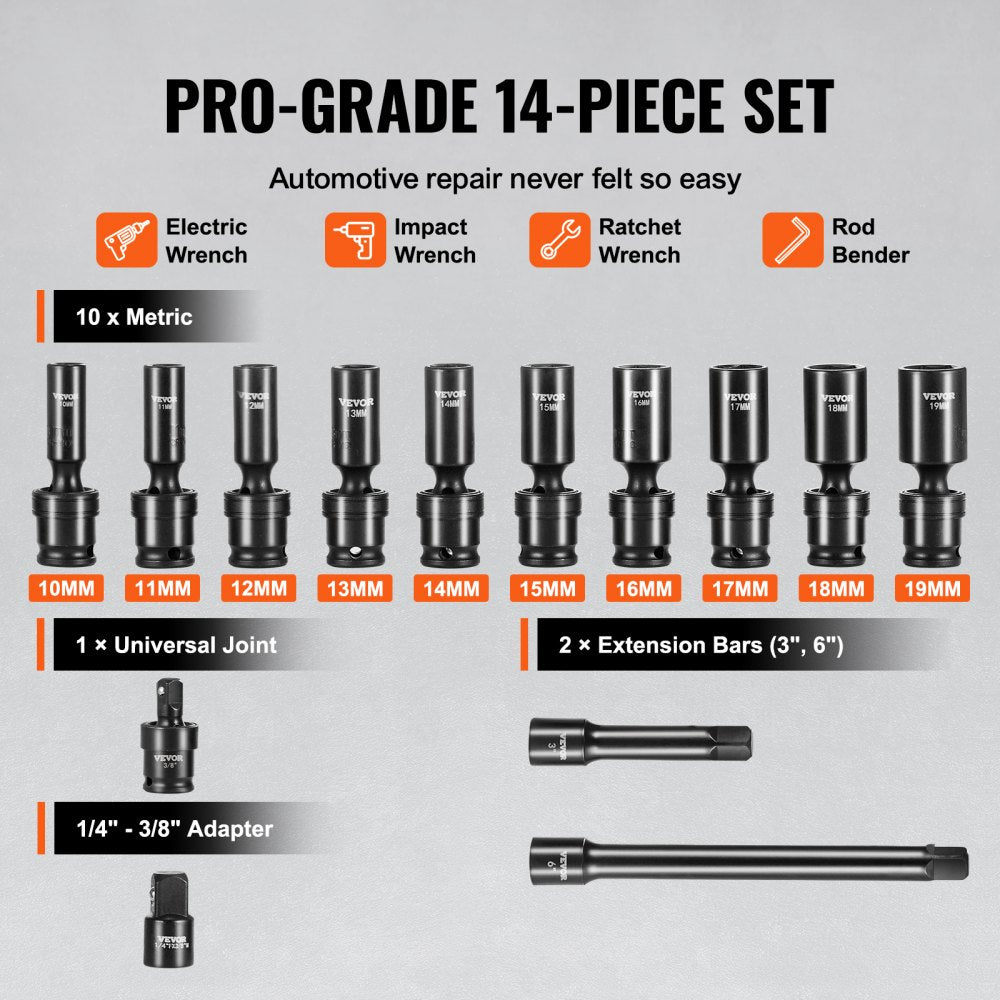 VEVOR 360 Degree Swivel Impact Socket Set, 3/8" Socket Set 14PCS Deep Universal Metric 10-19mm, 6 Point Cr-Mo Alloy