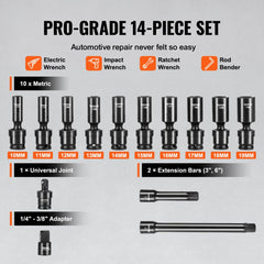 VEVOR 360 Degree Swivel Impact Socket Set, 3/8" Socket Set 14PCS Deep Universal Metric 10-19mm, 6 Point Cr-Mo Alloy