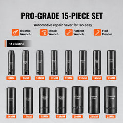 VEVOR 3/8" Drive Impact Socket Set, 15 Piece Deep Socket Set Metric 8-22mm, 6 Point Cr-Mo Alloy Steel for Auto Repair
