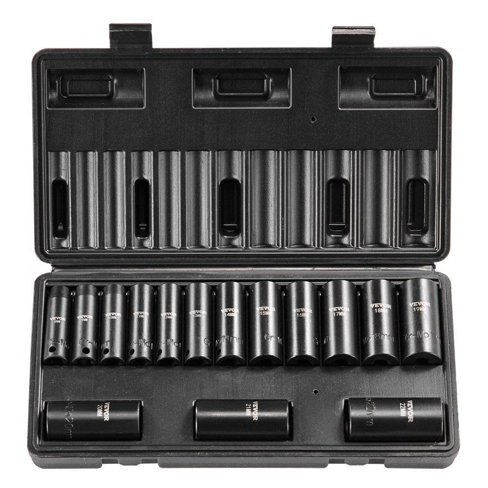 VEVOR 3/8" Drive Impact Socket Set, 15 Piece Deep Socket Set Metric 8-22mm, 6 Point Cr-Mo Alloy Steel for Auto Repair