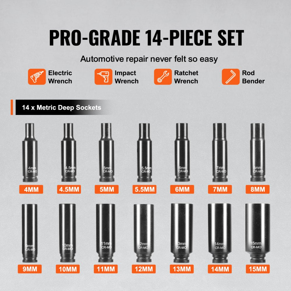 VEVOR 1/4" Drive Impact Socket Set, 14 Piece Deep Socket Set Metric 4-15mm, 6 Point Cr-Mo Alloy Steel for Auto Repair