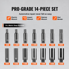 VEVOR 1/4" Drive Impact Socket Set, 14 Piece Deep Socket Set Metric 4-15mm, 6 Point Cr-Mo Alloy Steel for Auto Repair