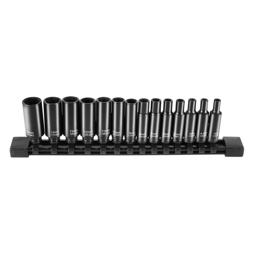 VEVOR 1/4" Drive Impact Socket Set, 14 Piece Deep Socket Set Metric 4-15mm, 6 Point Cr-Mo Alloy Steel for Auto Repair