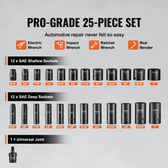 VEVOR 3/8" Drive Impact Socket Set, 25 Piece Deep & Shallow Socket Set SAE 5/16" - 1", 6 Point Cr-Mo Alloy Steel for
