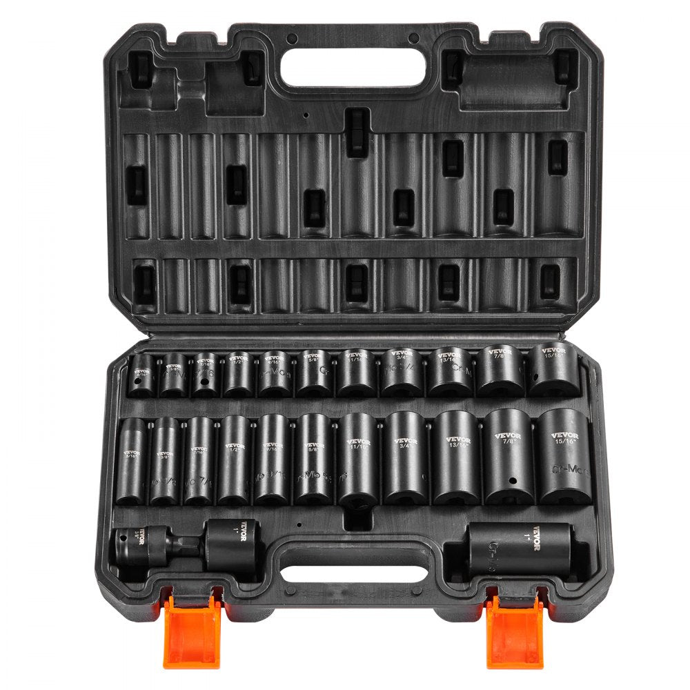 VEVOR 3/8" Drive Impact Socket Set, 25 Piece Deep & Shallow Socket Set SAE 5/16" - 1", 6 Point Cr-Mo Alloy Steel for