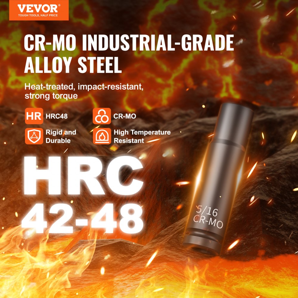 VEVOR Drive Impact Socket Set 1/4" - 14 Piece Deep Socket Set Metric 4-15mm - 6 Point Cr-Mo Alloy Steel for Auto Repair