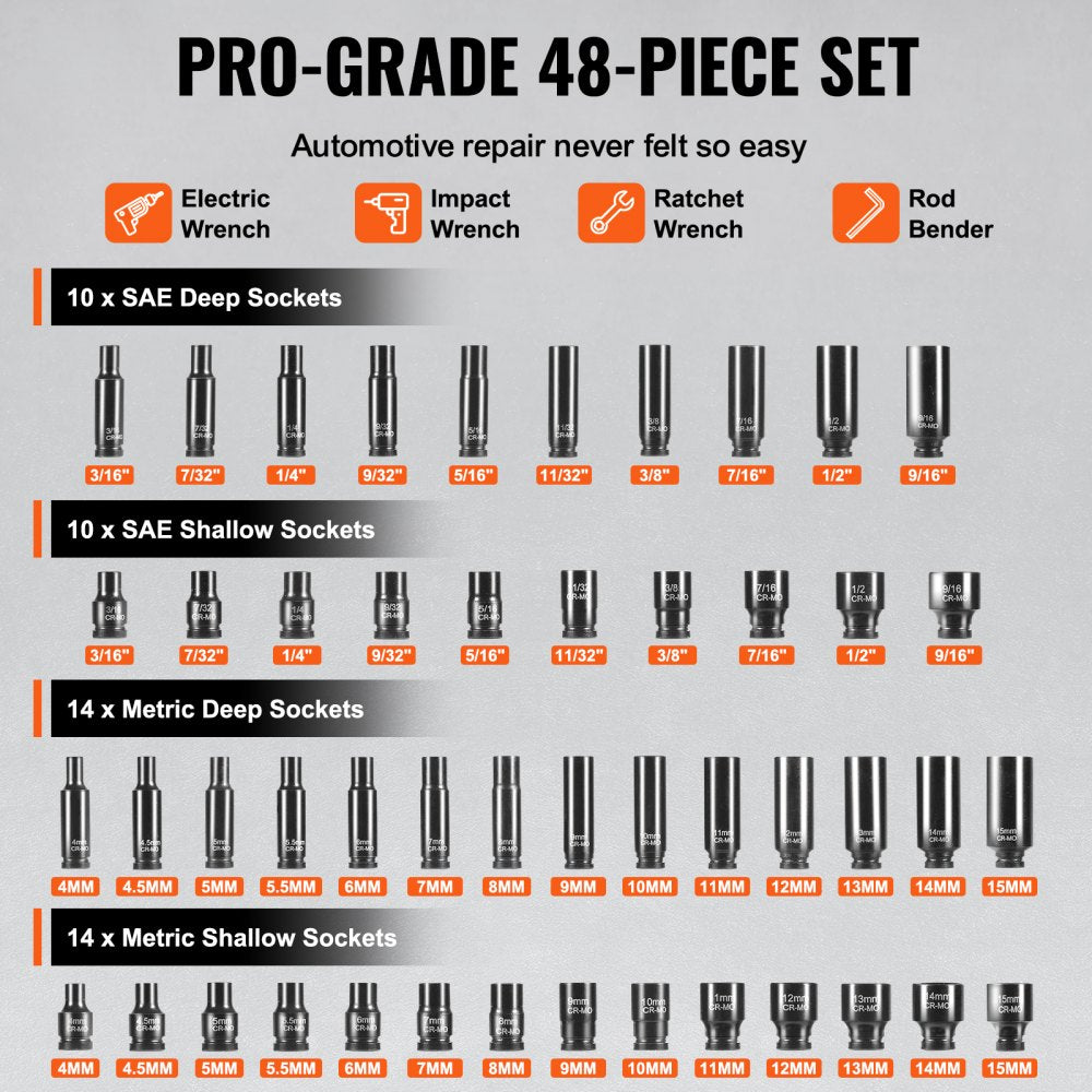VEVOR Drive Impact Socket Set 1/4" - 14 Piece Deep Socket Set Metric 4-15mm - 6 Point Cr-Mo Alloy Steel for Auto Repair
