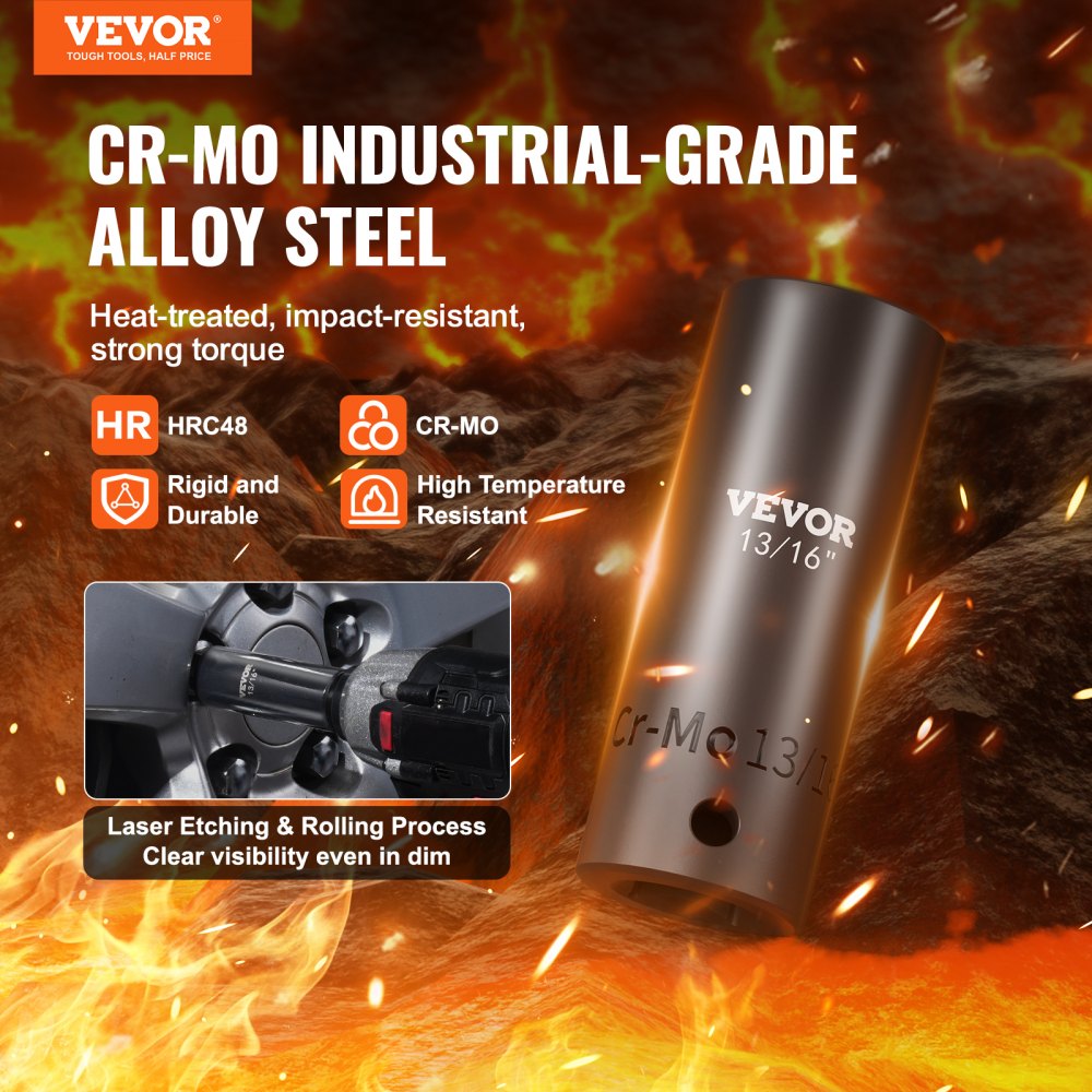 VEVOR 3/8" & 1/2" Drive Impact Socket Set, 59PCS Socket Set SAE 5/16" to 1-1/4" and Metric 6-32mm, 6 Point Cr-Mo Alloy