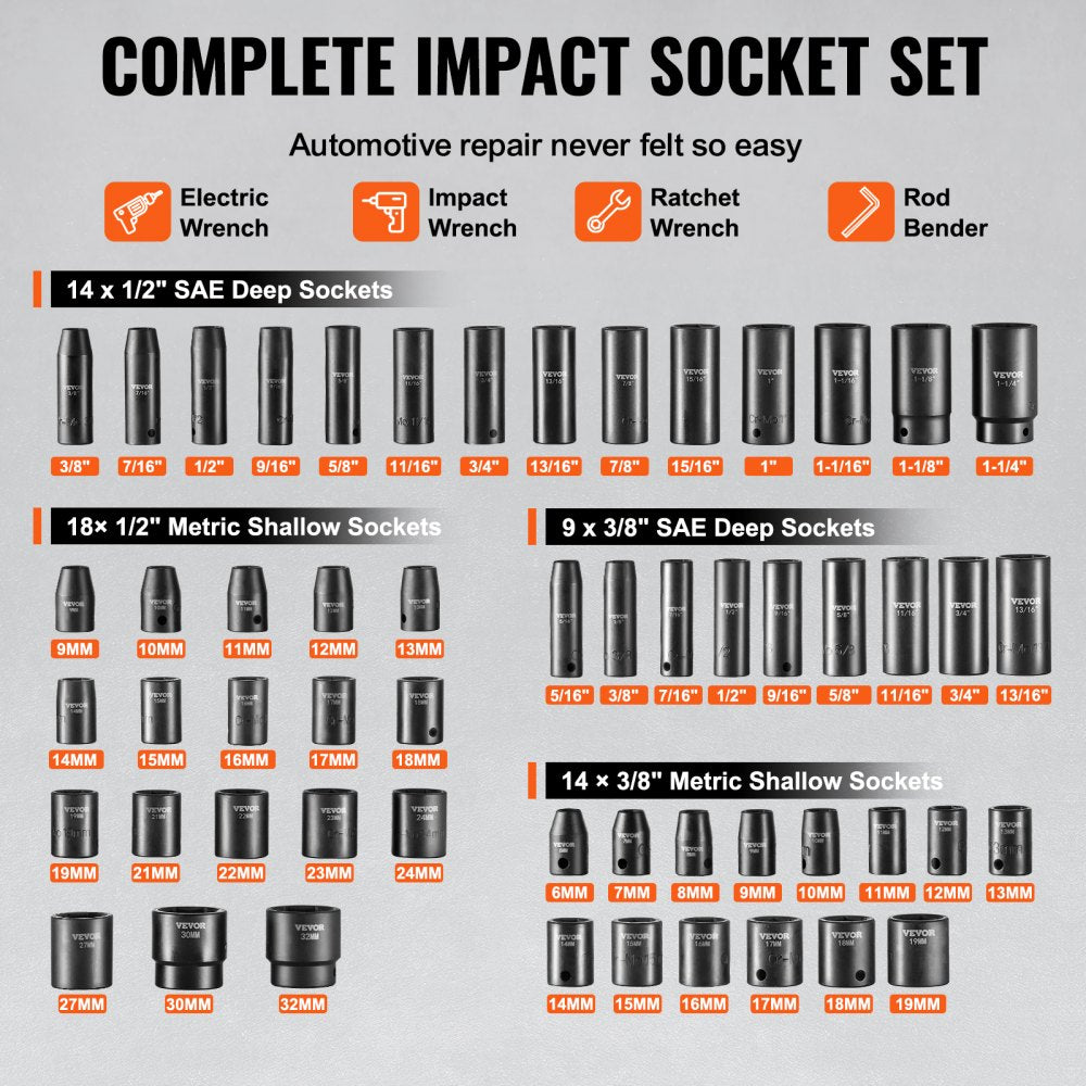 VEVOR 3/8" & 1/2" Drive Impact Socket Set, 59PCS Socket Set SAE 5/16" to 1-1/4" and Metric 6-32mm, 6 Point Cr-Mo Alloy