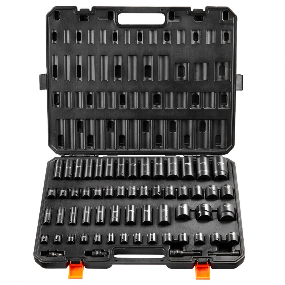 VEVOR 3/8" & 1/2" Drive Impact Socket Set, 59PCS Socket Set SAE 5/16" to 1-1/4" and Metric 6-32mm, 6 Point Cr-Mo Alloy