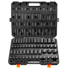 VEVOR 3/8" & 1/2" Drive Impact Socket Set, 59PCS Socket Set SAE 5/16" to 1-1/4" and Metric 6-32mm, 6 Point Cr-Mo Alloy