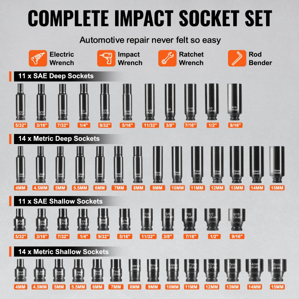 VEVOR Drive Impact Socket Set 1/4" - 55 Piece Deep & Shallow Socket Set SAE 5/32"-9/16" and Metric 4-15mm - 6 Point
