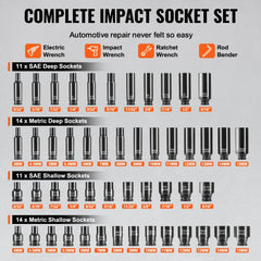 VEVOR Drive Impact Socket Set 1/4" - 55 Piece Deep & Shallow Socket Set SAE 5/32"-9/16" and Metric 4-15mm - 6 Point