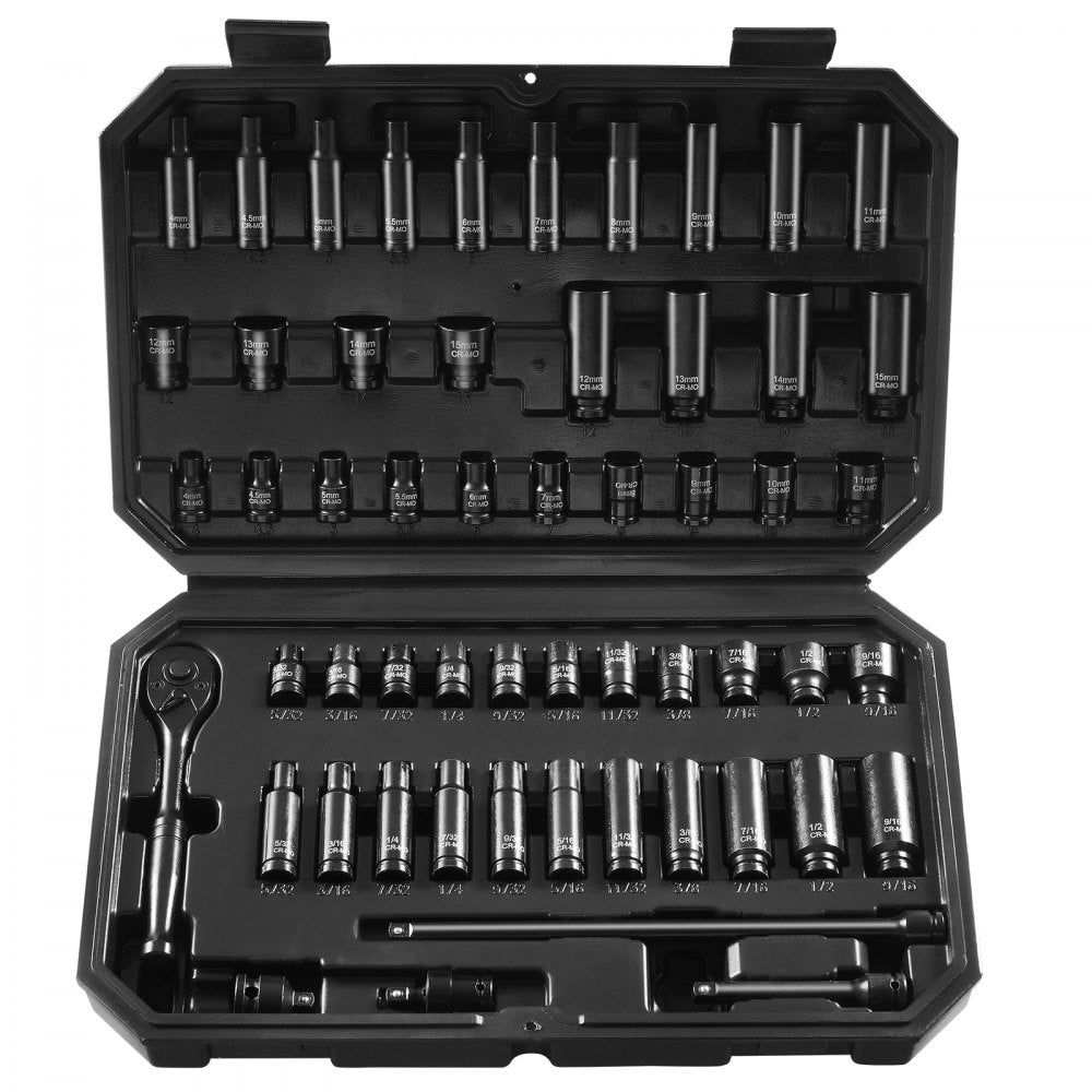 VEVOR Drive Impact Socket Set 1/4" - 55 Piece Deep & Shallow Socket Set SAE 5/32"-9/16" and Metric 4-15mm - 6 Point