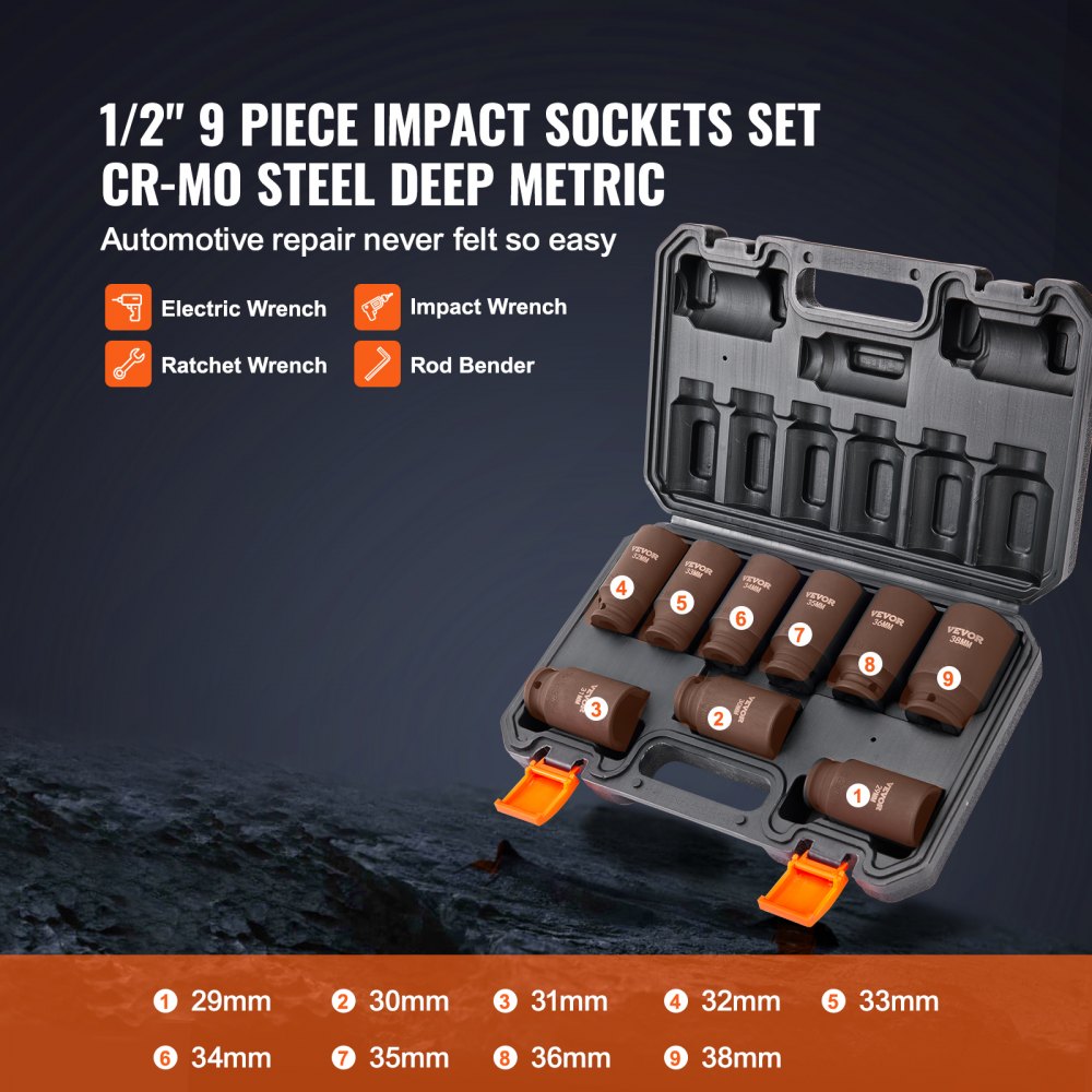 VEVOR 1/2" Drive Impact Socket Set, 9 Piece Deep Socket Set Metric 29-38mm, 6 Point Cr-Mo Alloy Steel for Auto Repair