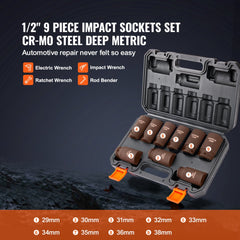 VEVOR 1/2" Drive Impact Socket Set, 9 Piece Deep Socket Set Metric 29-38mm, 6 Point Cr-Mo Alloy Steel for Auto Repair