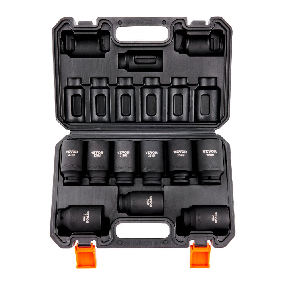 VEVOR 1/2" Drive Impact Socket Set, 9 Piece Deep Socket Set Metric 29-38mm, 6 Point Cr-Mo Alloy Steel for Auto Repair