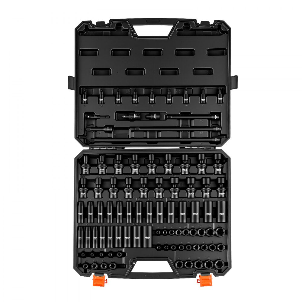 VEVOR Impact Socket Set, 3/8" Drive, 90-Piece Socket Set, 6 Point Sockets, SAE 1/4"-3/4" and Metric 6-19 mm, Easy to