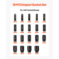 VEVOR Impact Socket Set, 1/2" 19 Piece Impact Sockets, Deep Socket, 6-Point Sockets, 1/2" Drive Set 3/8" to 1-1/2"