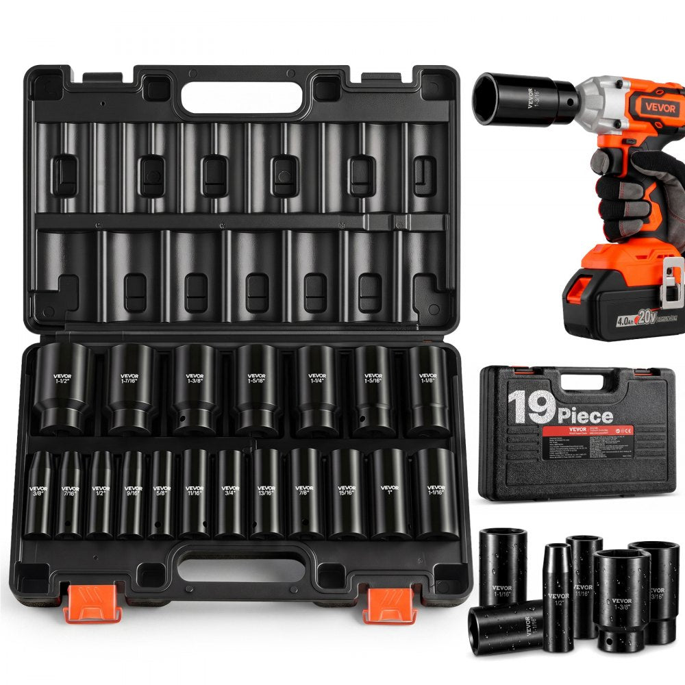 VEVOR Impact Socket Set, 1/2" 19 Piece Impact Sockets, Deep Socket, 6-Point Sockets, 1/2" Drive Set 3/8" to 1-1/2"