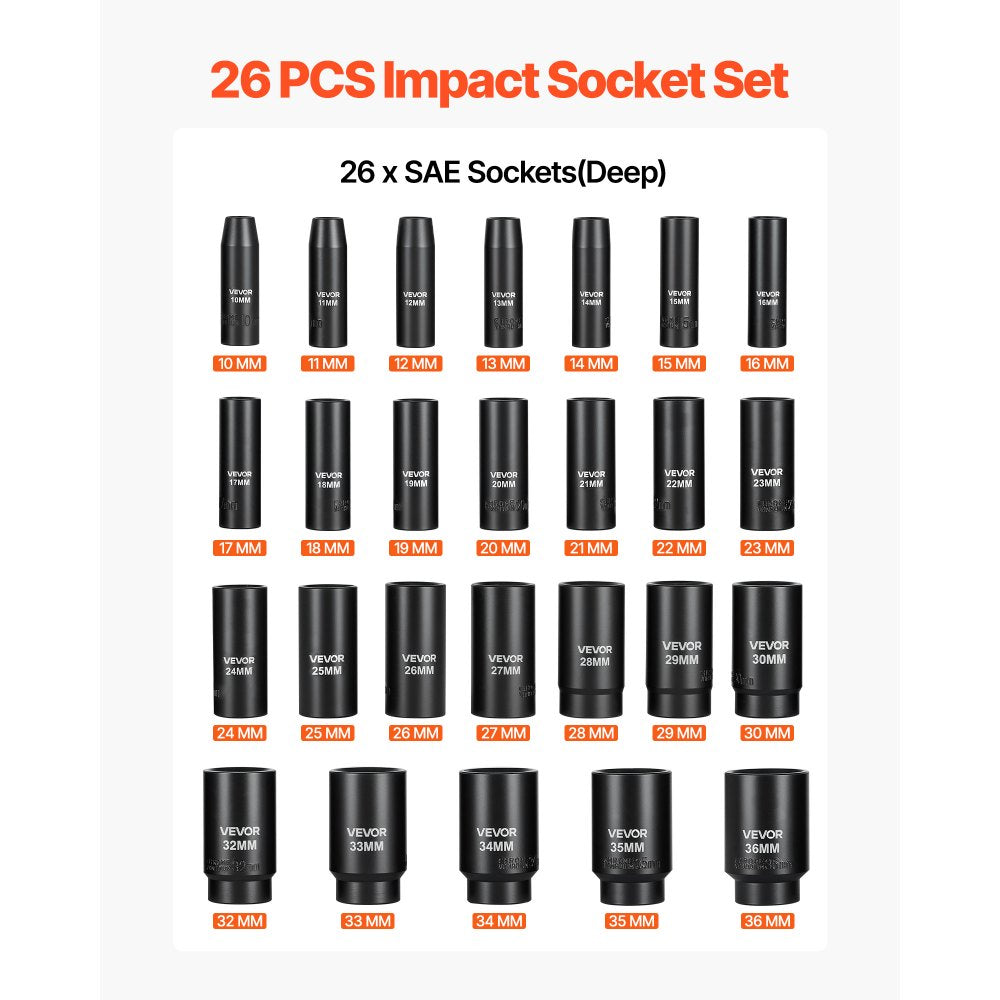 VEVOR Impact Socket Set, 1/2" Drive, 26-Piece Impact Sockets, 6-Point Sockets, Metric 10-30 mm, 32-36 mm, Easy to