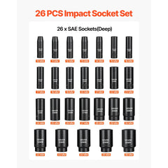 VEVOR Impact Socket Set, 1/2" Drive, 26-Piece Impact Sockets, 6-Point Sockets, Metric 10-30 mm, 32-36 mm, Easy to