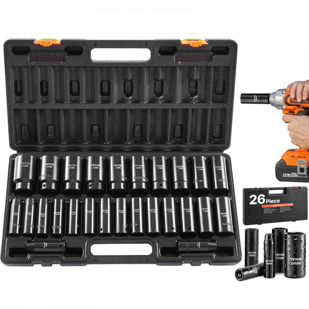 VEVOR Impact Socket Set, 1/2" Drive, 26-Piece Impact Sockets, 6-Point Sockets, Metric 10-30 mm, 32-36 mm, Easy to